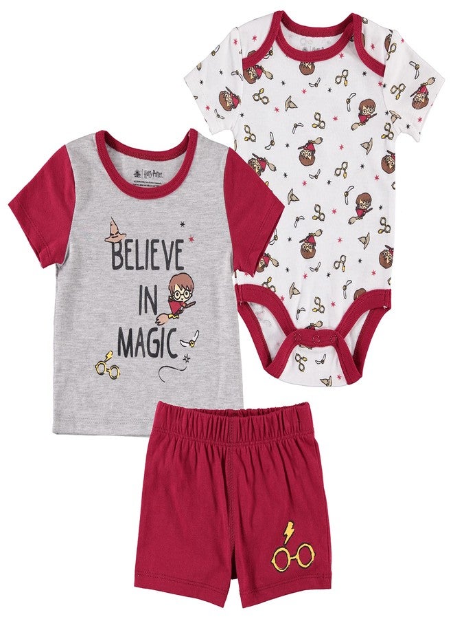 هاري بوتر طقم هدايا مكون من 3 قطع من هاري بوتر: تيشيرت وشورت (رمادي/أحمر، من 0 إلى 3 أشهر) - Image 1