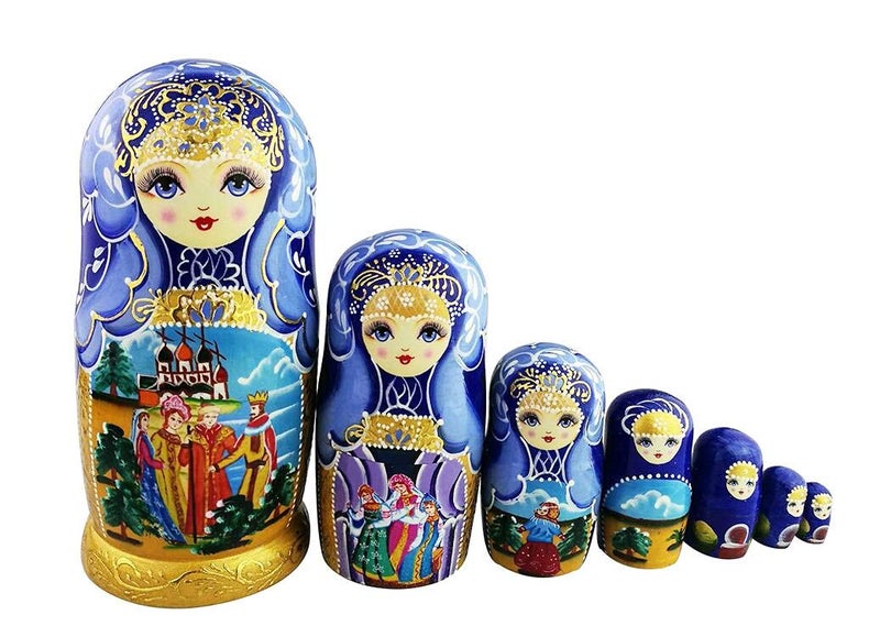 Winterworm Beautiful Blue and Gold Little Girl and Fairy Tale Pattern Handmade Wooden Traditional Russian Nesting Dolls Matryoshka Dolls Set 7 Pieces for Kids Toy Birthday Christmas Decoration - Image 3