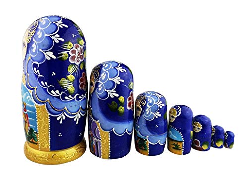 Winterworm Beautiful Blue and Gold Little Girl and Fairy Tale Pattern Handmade Wooden Traditional Russian Nesting Dolls Matryoshka Dolls Set 7 Pieces for Kids Toy Birthday Christmas Decoration - Image 5