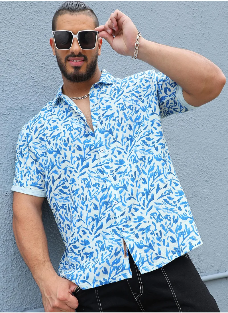 Instafab Plus Instafab Plus Men's Blue Foliage Strokes Shirt For Casual Wear | Spread Collar | Short Sleeve | Button Closure | Cotton Shirt Crafted With Comfort Fit For Everyday Wear