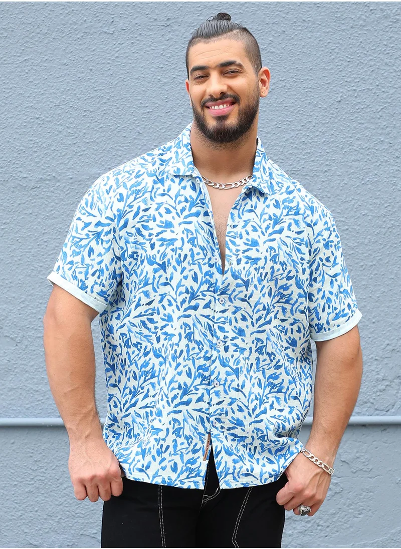 Instafab Plus Instafab Plus Men's Blue Foliage Strokes Shirt For Casual Wear | Spread Collar | Short Sleeve | Button Closure | Cotton Shirt Crafted With Comfort Fit For Everyday Wear