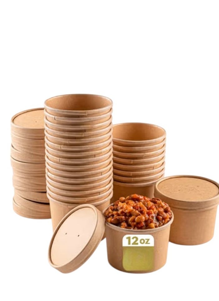 Generic Compostable Paper Soup Box with Lids 12 oz Eco-friendly disposable cups with vented lids perfect for soup, steamed vegetables, or ice cream  - Image 1