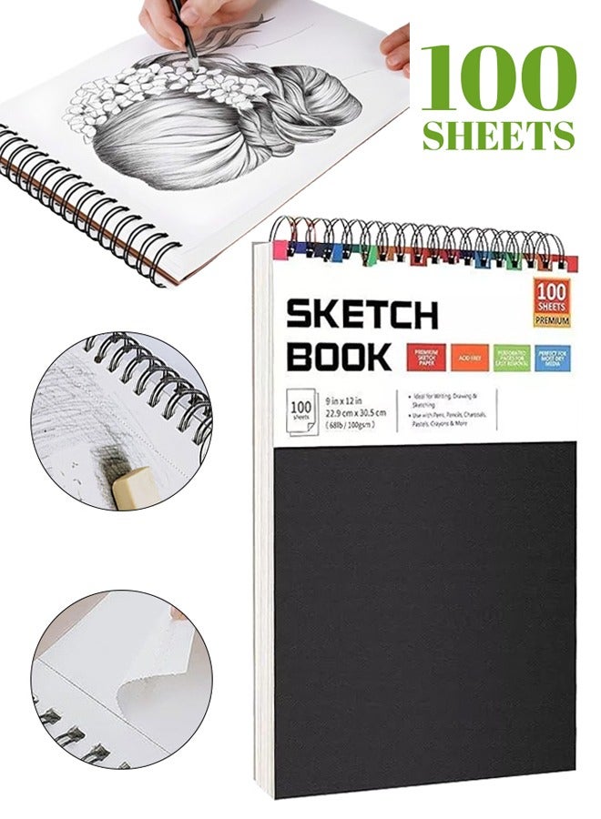 Generic 100 Sheets Kids Large Sketchbook Professional Drawing Book Thickened Sketch Book Watercolor Notebook Portable Page Blank Paper Painting Tools 9x12 Inches - Image 1