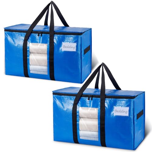 TAILI Extra Large Moving Bags, 2 Pack Blue Heavy Duty Totes For Storage with Visible Window, Wrap Around Handles, Storage Bags for Space Saving, Alternative to Moving Boxes - Image 1