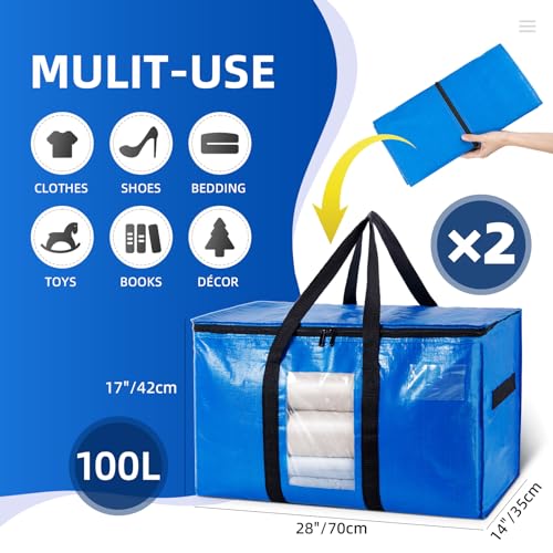 TAILI Extra Large Moving Bags, 2 Pack Blue Heavy Duty Totes For Storage with Visible Window, Wrap Around Handles, Storage Bags for Space Saving, Alternative to Moving Boxes - Image 2