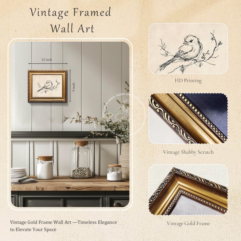 uniro Vintage Gold Framed Wall Art, Minimalist Bird Sketch Canvas Art Prints Painting, Antique Nature Line Drawing Wall Art Picture, Rustic Beige Decor Farmhouse Wall Decor for Bedroom, Gallary, Living Room, Office, Desktop - 9x12Inch - Image 3