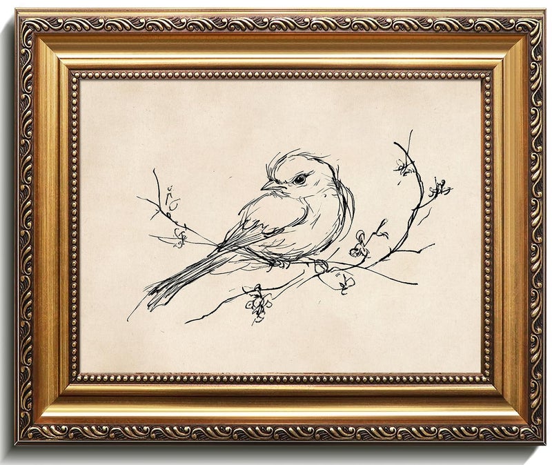 uniro Vintage Gold Framed Wall Art, Minimalist Bird Sketch Canvas Art Prints Painting, Antique Nature Line Drawing Wall Art Picture, Rustic Beige Decor Farmhouse Wall Decor for Bedroom, Gallary, Living Room, Office, Desktop - 9x12Inch - Image 1