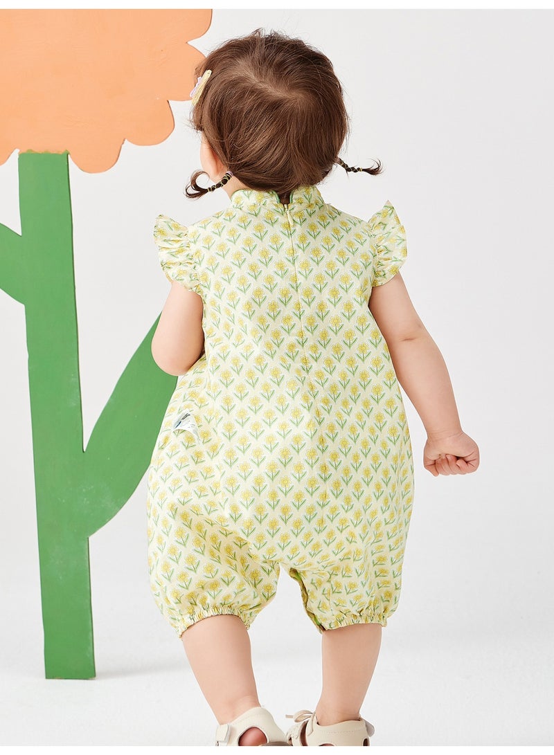 ميني بالا سراويل طفلة الأطفال بأكمام قصيرة للخروج، بتصميم زهري، قطعة ناعمة وقابلة للتنفس، كم صفتي، زر ضفدعي، مغلق بزيب وزر، أنيقة ولطيفة للأنشطة اليومية والخارجية - Image 3
