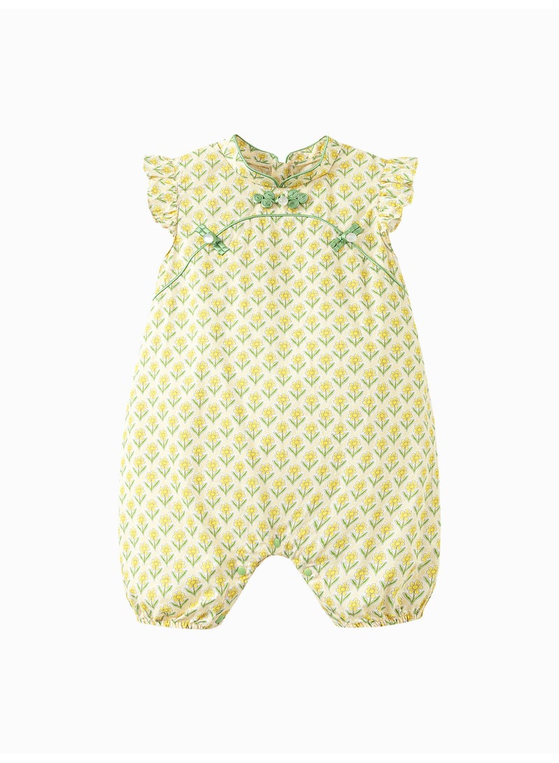 ميني بالا سراويل طفلة الأطفال بأكمام قصيرة للخروج، بتصميم زهري، قطعة ناعمة وقابلة للتنفس، كم صفتي، زر ضفدعي، مغلق بزيب وزر، أنيقة ولطيفة للأنشطة اليومية والخارجية - Image 4