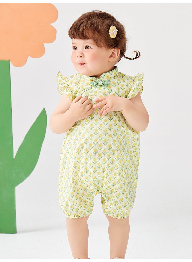 ميني بالا سراويل طفلة الأطفال بأكمام قصيرة للخروج، بتصميم زهري، قطعة ناعمة وقابلة للتنفس، كم صفتي، زر ضفدعي، مغلق بزيب وزر، أنيقة ولطيفة للأنشطة اليومية والخارجية - Image 1