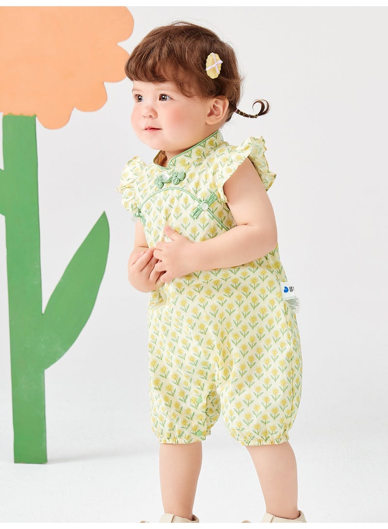 ميني بالا سراويل طفلة الأطفال بأكمام قصيرة للخروج، بتصميم زهري، قطعة ناعمة وقابلة للتنفس، كم صفتي، زر ضفدعي، مغلق بزيب وزر، أنيقة ولطيفة للأنشطة اليومية والخارجية - Image 2