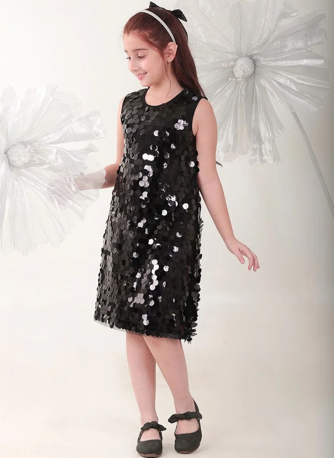 Bonkids BONKIDS Black Satin Fit & Flare Dress with Flutter Sleeves