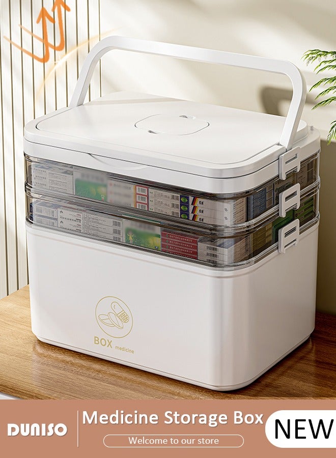 Family Medicine Storage Box Container, 3 Layers Folding First Aid Box Organizer with Locking Lid Handle, Multipurpose Durable Craft Tool Case Plastic Professional Emergency Bin for Home Travel Car Camping Office