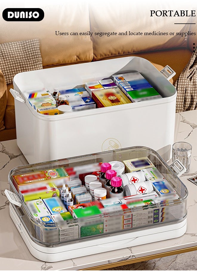 DUNISO Family Medicine Storage Box Container, 3 Layers Folding First Aid Box Organizer with Locking Lid Handle, Multipurpose Durable Craft Tool Case Plastic Professional Emergency Bin for Home Travel Car Camping Office  - Image 2