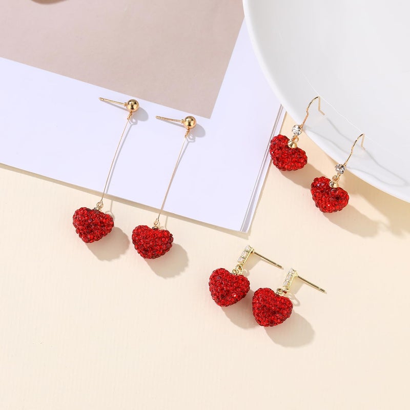 Lotsof Red Heart Drop Earrings for Women, Sparkling Full-Crystal Valentine's Heart Dangle Earrings, Gold-Plated Statement Jewelry for Party/Wedding/Gift (Crystal Red Heart Earrings) - Image 2