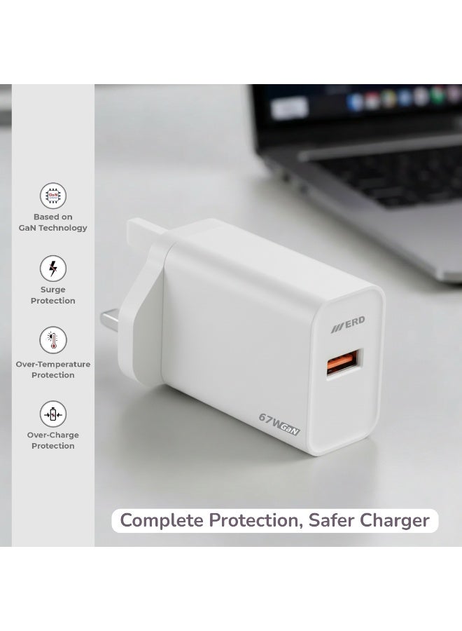 ERD شاحن سريع ERD TCU-664 67W بتقنية GaN مع كابل USB-A إلى USB-C | تقنية نيتريد الغاليوم عالية الكفاءة | توافق عالمي مع MacBook Air و iPhone 15/14/13 Pro Max و iPad و Samsung Galaxy وأجهزة الكمبيوتر المحمولة USB-C | محول سفر فائق الصغر مع حماية متعددة الطبقات (أبيض) - Image 3