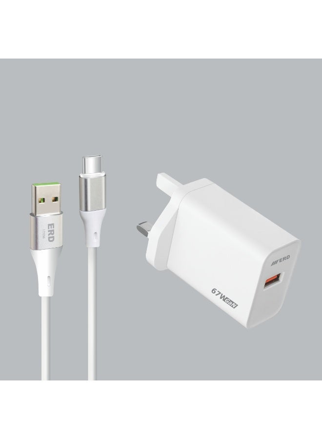 ERD شاحن سريع ERD TCU-664 67W بتقنية GaN مع كابل USB-A إلى USB-C | تقنية نيتريد الغاليوم عالية الكفاءة | توافق عالمي مع MacBook Air و iPhone 15/14/13 Pro Max و iPad و Samsung Galaxy وأجهزة الكمبيوتر المحمولة USB-C | محول سفر فائق الصغر مع حماية متعددة الطبقات (أبيض) - Image 2