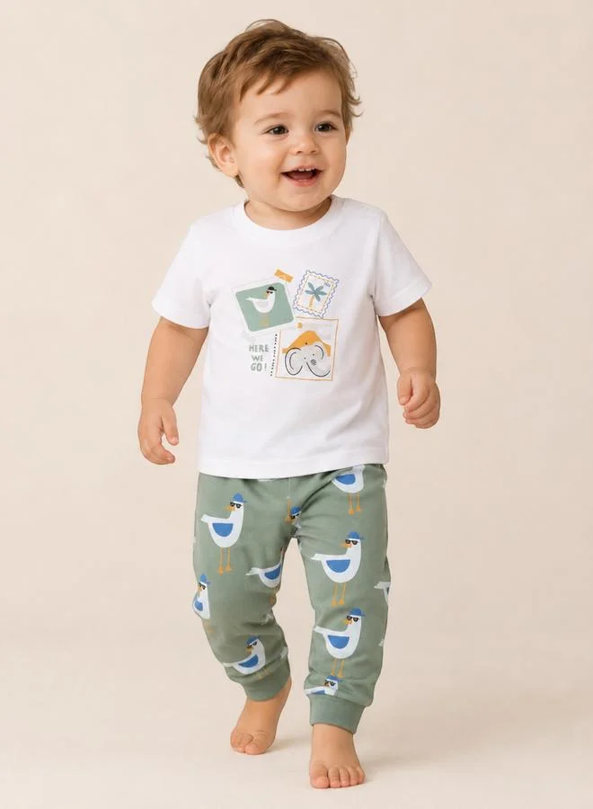 Victor And Jane Boys Cotton Pyjama Set with Short Sleeve T-Shirt and Bird Print Pants