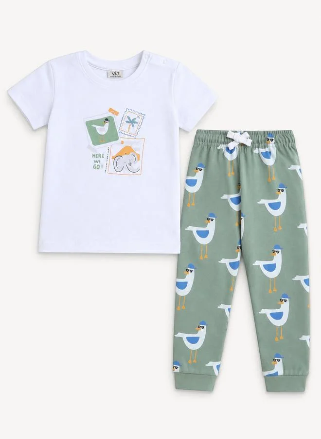 Victor And Jane Boys Cotton Pyjama Set with Short Sleeve T-Shirt and Bird Print Pants