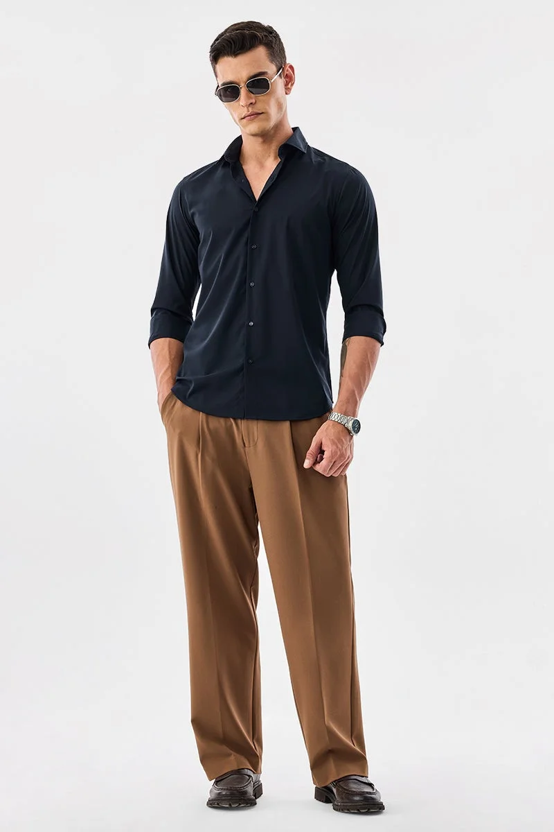 SNITCH Navy Solid Long Sleeve Slim Fit Formal Luxe Shirt