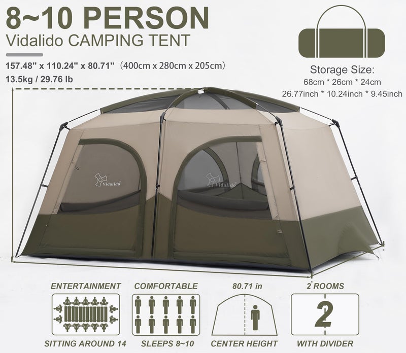 Vidalido Tents，8-10 Person Camping Tent with Extended Vestibule，2 Room Weather Resistant Family Tents，Easy Install Waterproof Outdoor Tent for Camping Hiking（Green） - Image 3
