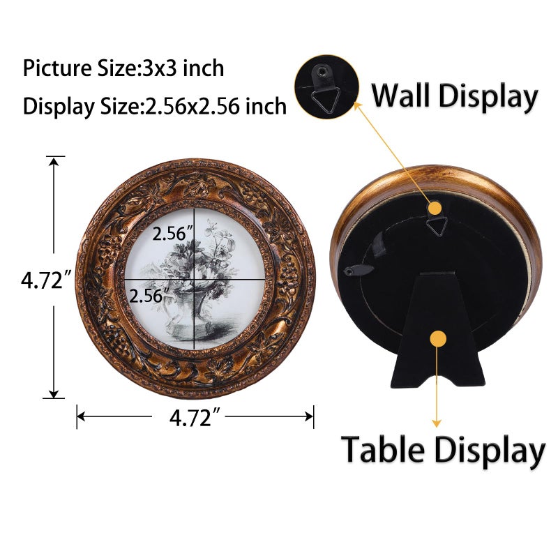 SIKOO Small Vintage 3Ã—3 Round Picture Frame Antique Ornate Mini Photo Frame Vintage Wall Decor, Bronze Gold - Image 2
