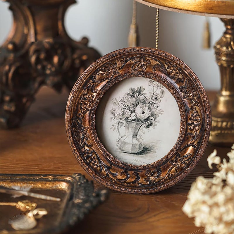 SIKOO Small Vintage 3Ã—3 Round Picture Frame Antique Ornate Mini Photo Frame Vintage Wall Decor, Bronze Gold - Image 3