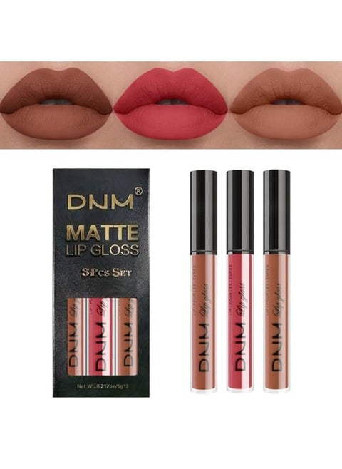 3Pcs Nude Brown Pink Dark Maroon Matte Liquid Lipstick Makeup Sets for Dark Skin Black Women DNM Permanent Lip Stain Set Long Lasting Lipstick 24 Hours Waterproof mate color 09
