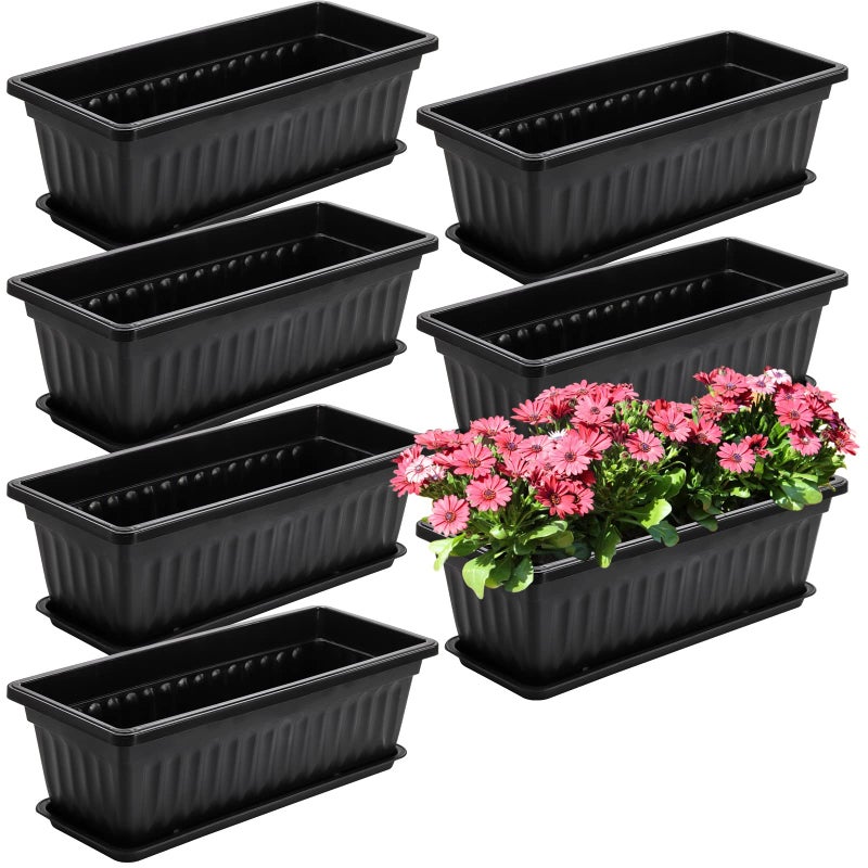 Fasmov 7 Pack 17 Inches Flower Window Box Plastic Vegetable Planters with Trays Vegetables Growing Container Garden Flower Plant Pot with 7 Pcs Plant Labels for Balcony, Patio, Garden, Black - Image 1