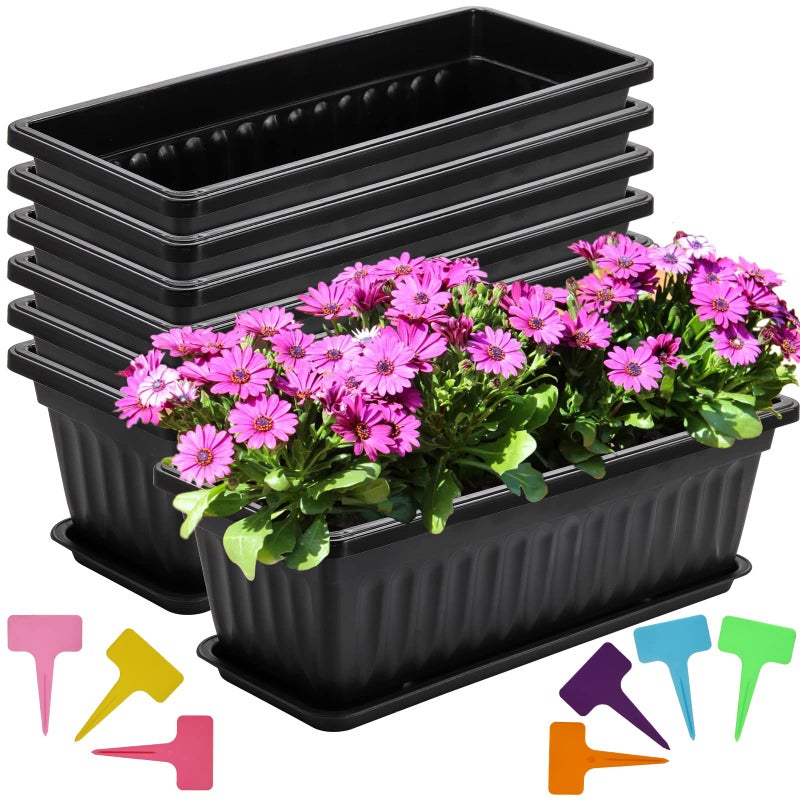 Fasmov 7 Pack 17 Inches Flower Window Box Plastic Vegetable Planters with Trays Vegetables Growing Container Garden Flower Plant Pot with 7 Pcs Plant Labels for Balcony, Patio, Garden, Black - Image 3