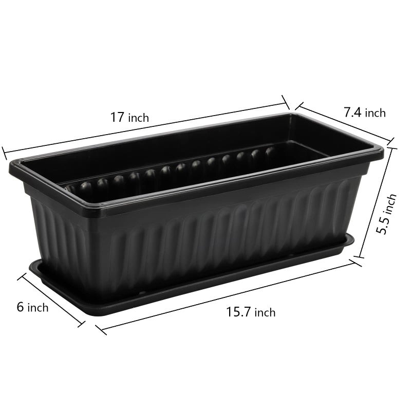 Fasmov 7 Pack 17 Inches Flower Window Box Plastic Vegetable Planters with Trays Vegetables Growing Container Garden Flower Plant Pot with 7 Pcs Plant Labels for Balcony, Patio, Garden, Black - Image 2