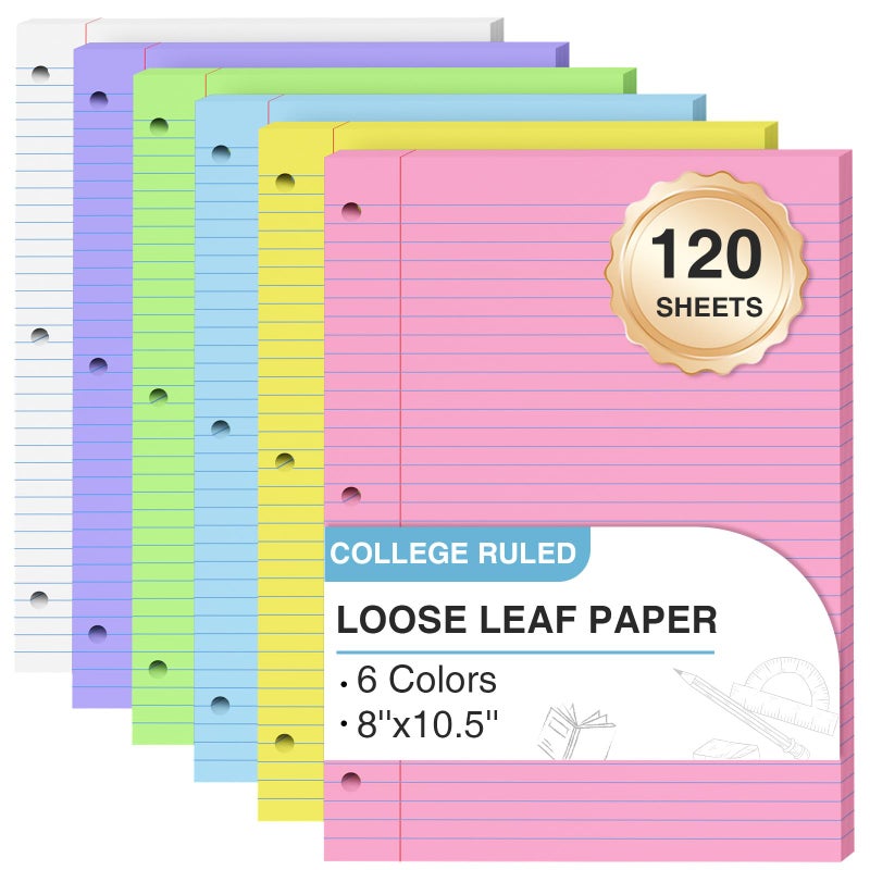 Zaviko 120 Sheets Loose Leaf Paper 8 x 10.5, 6 Colors Lined Paper College Ruled, 3-Hole Punched Notebook Paper 8 x 10.5, 3-Ring Binder Paper 20 Sheets/Pack, Colored Filler Paper for Office, School, Home - Image 1