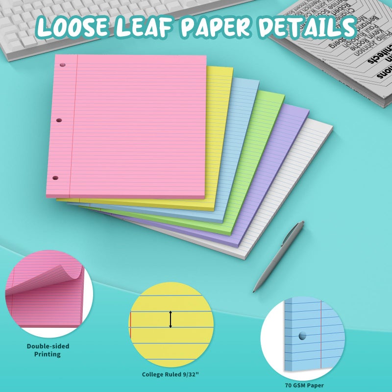 Zaviko 120 Sheets Loose Leaf Paper 8 x 10.5, 6 Colors Lined Paper College Ruled, 3-Hole Punched Notebook Paper 8 x 10.5, 3-Ring Binder Paper 20 Sheets/Pack, Colored Filler Paper for Office, School, Home - Image 4