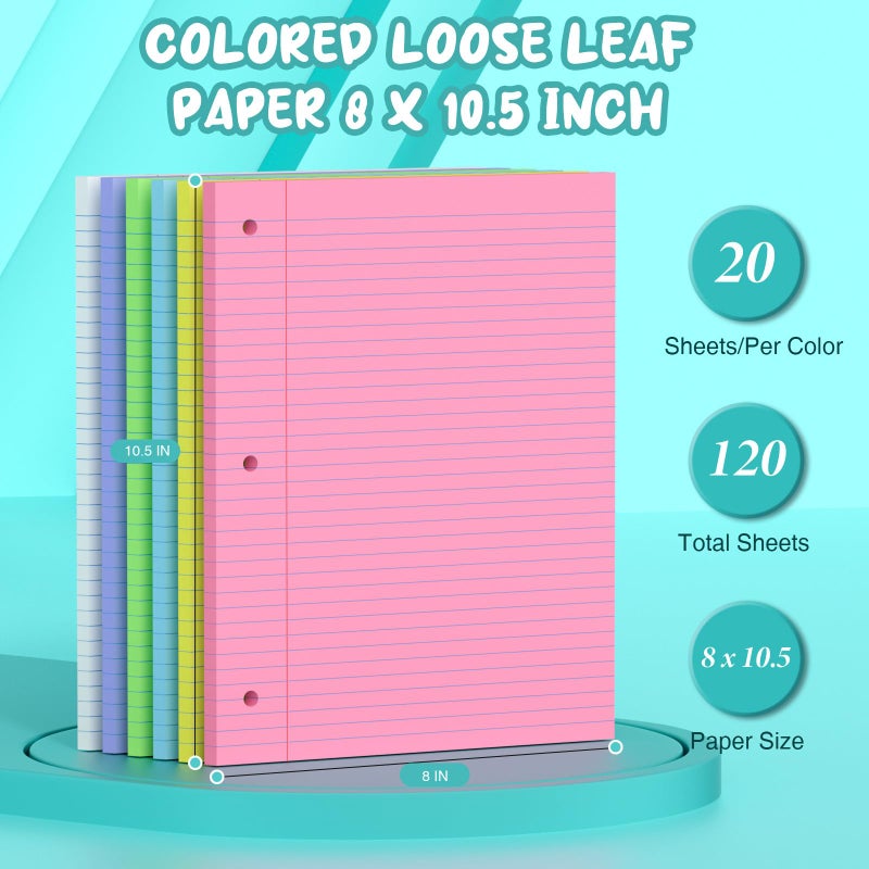 Zaviko 120 Sheets Loose Leaf Paper 8 x 10.5, 6 Colors Lined Paper College Ruled, 3-Hole Punched Notebook Paper 8 x 10.5, 3-Ring Binder Paper 20 Sheets/Pack, Colored Filler Paper for Office, School, Home - Image 2