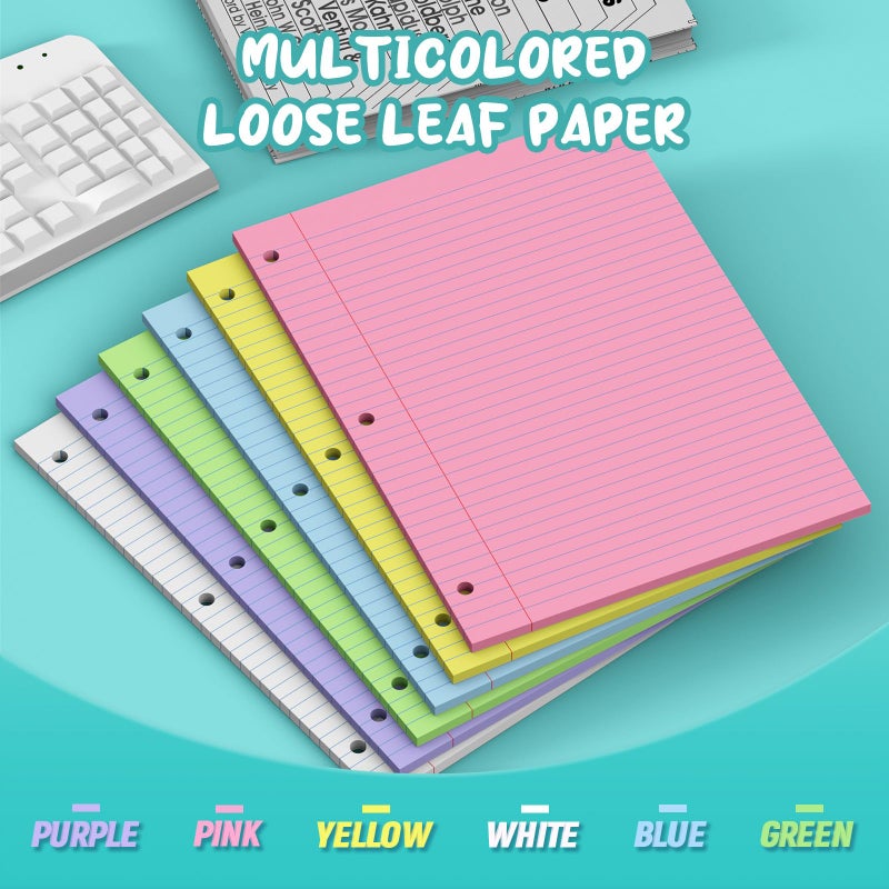 Zaviko 120 Sheets Loose Leaf Paper 8 x 10.5, 6 Colors Lined Paper College Ruled, 3-Hole Punched Notebook Paper 8 x 10.5, 3-Ring Binder Paper 20 Sheets/Pack, Colored Filler Paper for Office, School, Home - Image 3