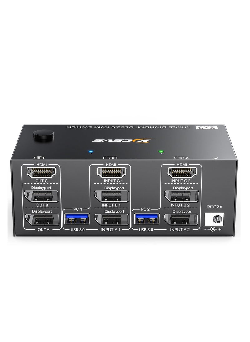 Generic - ​KVM Switch 3 Monitors 2 Computers 8K@60Hz 4K@144Hz, HDMI+2 Displayport KVM Switch Triple Monitor for 2 Computer Share 3 Monitor and 4 USB3.0 Port Keyboard Mouse,Wired Remote and 5 Cables Included - Image 1