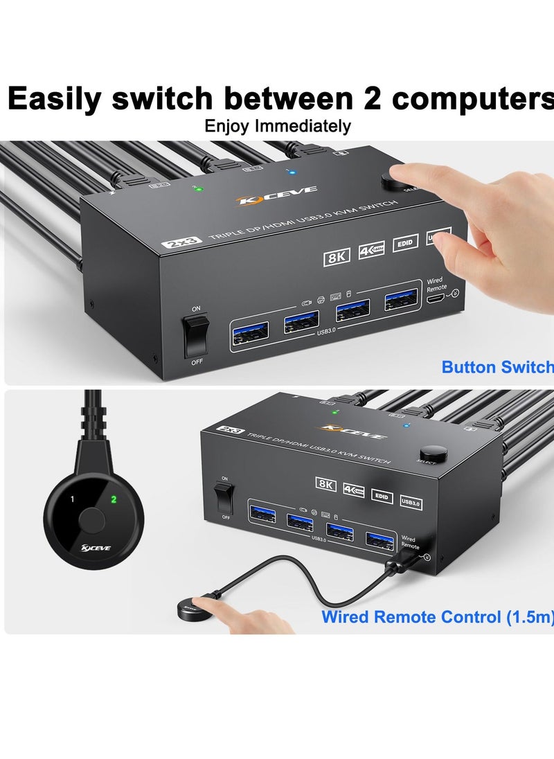 Generic - ​KVM Switch 3 Monitors 2 Computers 8K@60Hz 4K@144Hz, HDMI+2 Displayport KVM Switch Triple Monitor for 2 Computer Share 3 Monitor and 4 USB3.0 Port Keyboard Mouse,Wired Remote and 5 Cables Included - Image 1