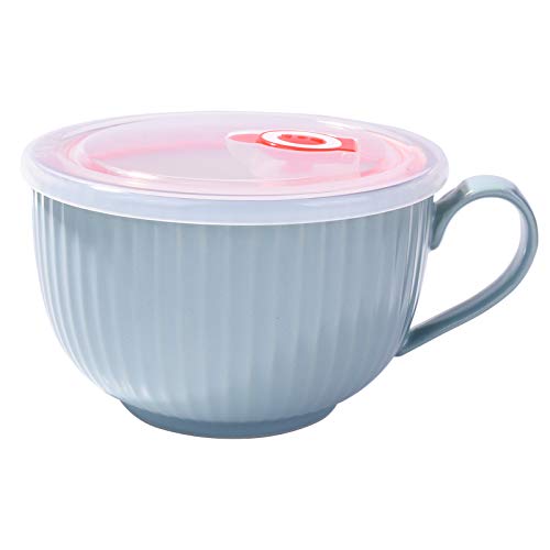 BOSILI 24oz Ceramic Soup Mug with Handle and Sealed Lid, Large Microwave Ramen Bowl with Steam Release Valve, Porcelain Cereal Cup for Coffee & Tea, Dishwasher & Fridge Safe, Light Blue - Image 1