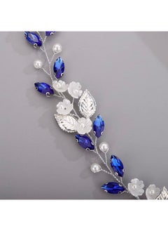 BERYUAN Flower Leaf Crystal Wedding Hair Vine For Bride Bridesmaid Pearls Crystal Hair Accessories For Women And Girls Blue  - Image 2