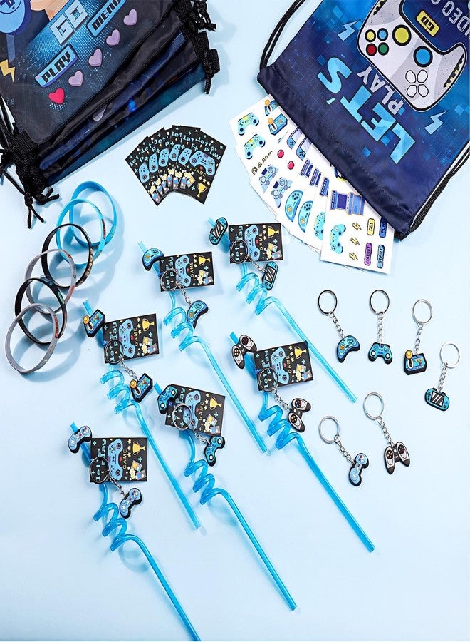 LemonRoad 73 Pcs Video Game Party Favors Set Birthday Supplies Includes Drawstring Bags Keychains Bracelets Stickers Straws Tags for Video Game Theme Baby Shower Party - Image 4