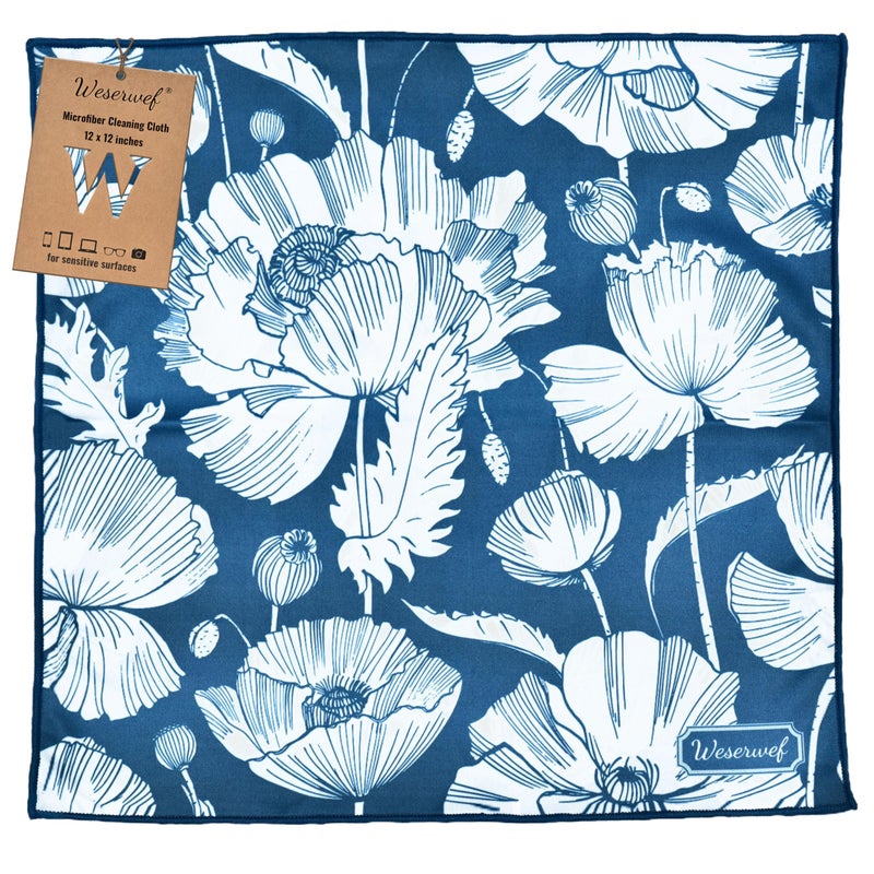 WESERWEF Design Microfiber Glasses Cleaning Cloth â€“ Premium Cleaning Cloth for Eyeglasses, Screens, Tablets, Cameras & Lenses, 12" x 12", Ultra-Soft & Scratch-Free (Blue Poppies) - Image 1