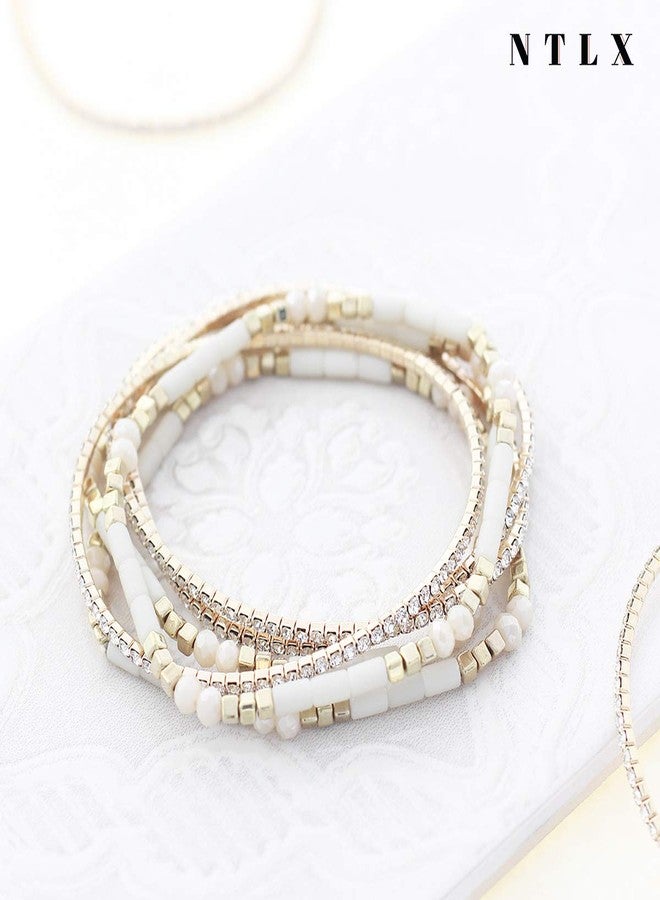 NTLX Multi Strand Beaded Stackable Stretch Bracelets for Women - Bohemian Boho Style Bracelets - Multi Color Layered Statement Bangles (Beige) - Image 4