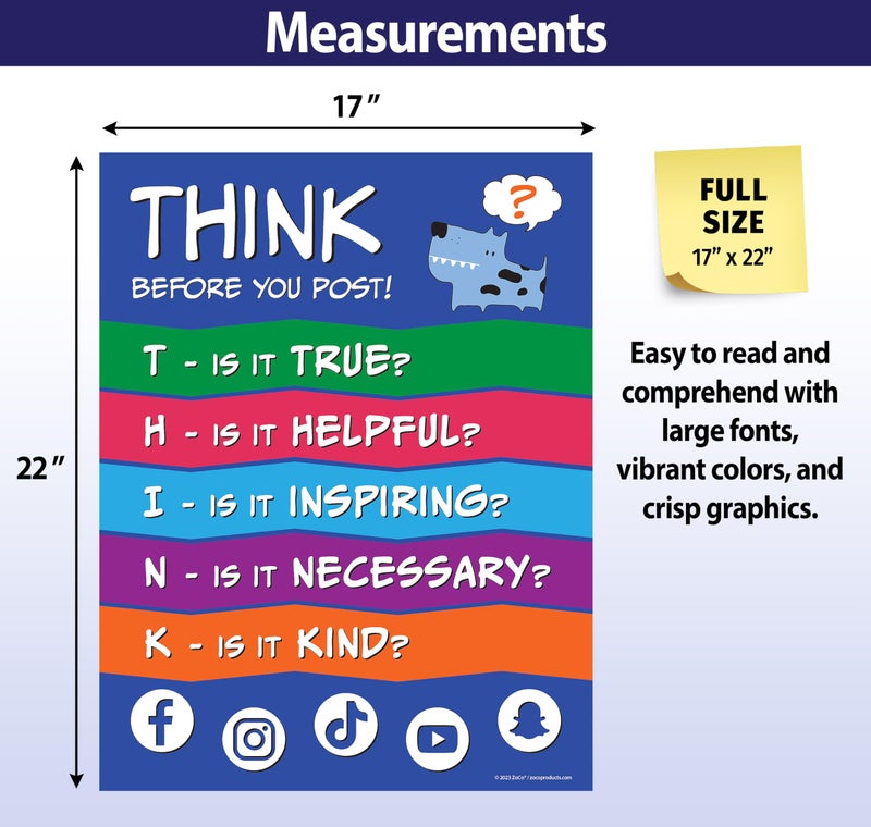 Safety Magnets ZOCO â€“ THINK Before You Post Poster â€“ Stop Cyberbullying & Encourage Kindness â€“ Growth Mindset & Digital Citizenship Chart â€“ Laminated 17x22 â€“ Middle School Classroom Decor for Teachers - Image 4