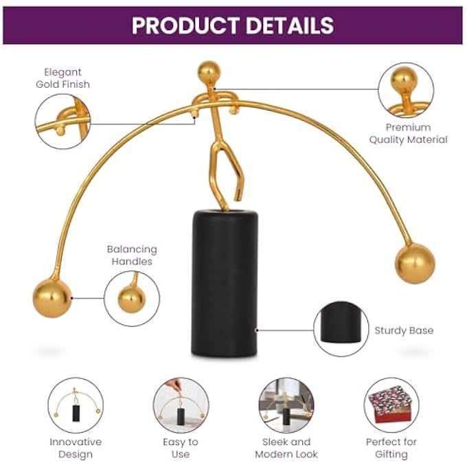 DecorTwist Newton's Balancing Man Stress Relief Perpetual Motion Toy (Pole Balancing) Help You Relax, Hand-Crafted with Love for Home & Office Table Decor Gift - Image 3