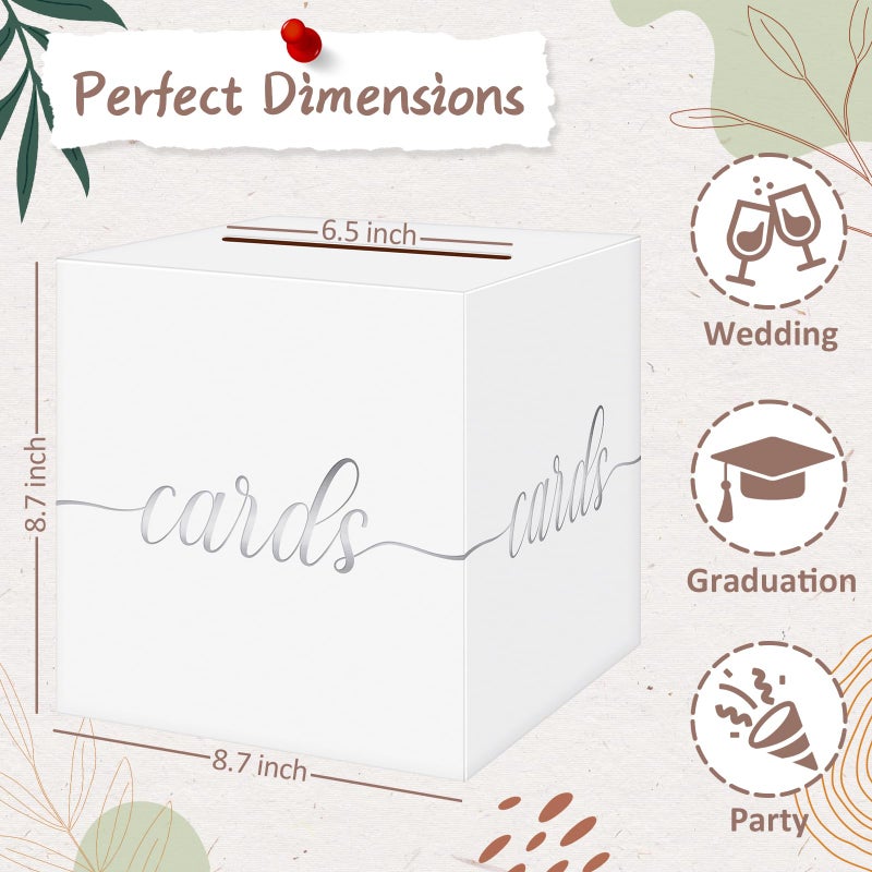 QIKSION White Wedding Card Box, Silver Foil Gift Card Box for Party, Wedding Reception, Graduation, Birthday, Baby Shower, Raffle - Image 4