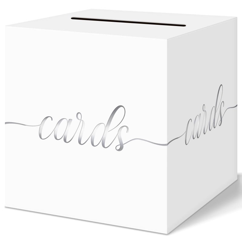 QIKSION White Wedding Card Box, Silver Foil Gift Card Box for Party, Wedding Reception, Graduation, Birthday, Baby Shower, Raffle - Image 1