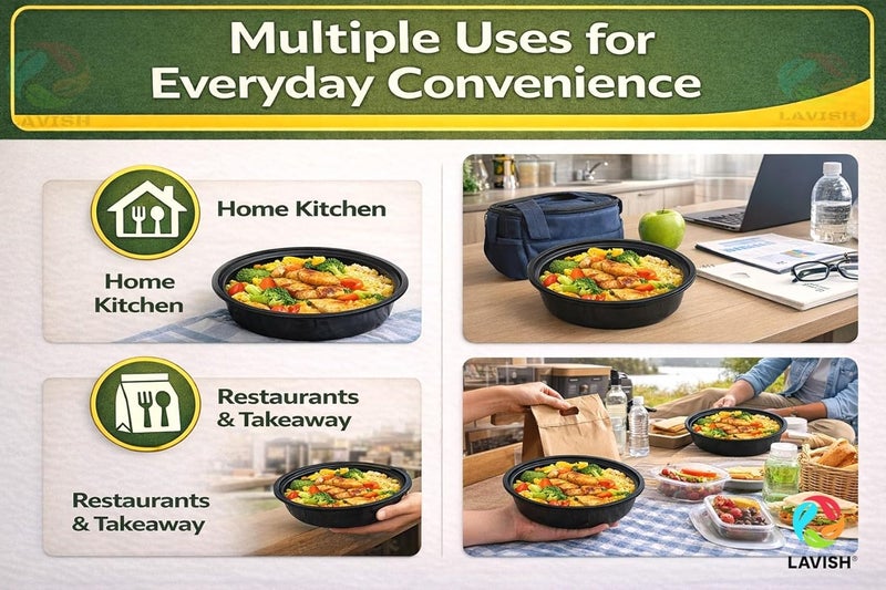 Lavish Microwave Disposable Round Food Containers with Lids | 24Oz -5 Pack | Meal Prep Containers for Kitchen Food Storage, Plastic Lunch & Takeaway Boxes - Image 5
