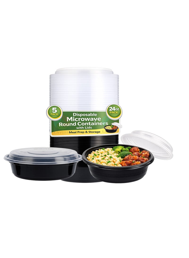 Lavish Microwave Disposable Round Food Containers with Lids | 24Oz -5 Pack | Meal Prep Containers for Kitchen Food Storage, Plastic Lunch & Takeaway Boxes - Image 1