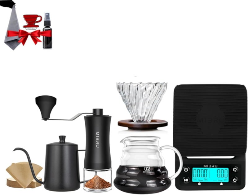 طقم ماكينة قهوة MIBRU V60 مكون من 9 قطع، يتضمن مطحنة قهوة، وكوب تقديم، وكوب قياس حبوب القهوة مع بخاخ، وغلاية قهوة سعة 600 مل، وفلتر، وميزان قهوة، وقمع تقطير زجاجي.