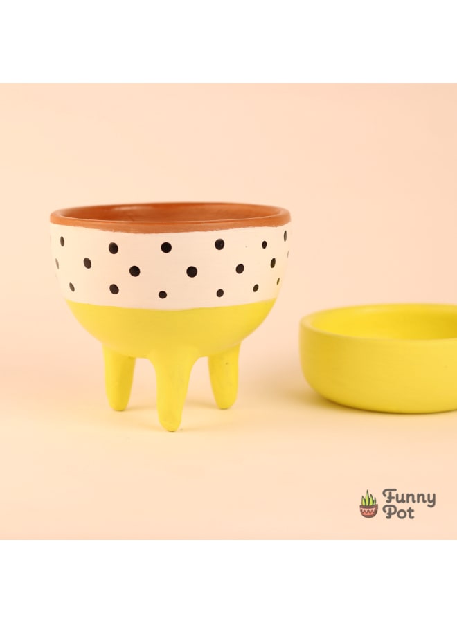 Handmade pottery empty pot - yellow & white - 12*11 cm